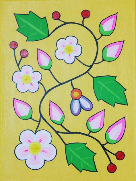 Wild Roses - Ode'imin 2016   12x16 SOLD Haudenosaunee Art, Ojibwe Floral Design, Ojibwe Art, Ojibwe Floral, Sewing Stencils, Beading Designs, Native Artwork, Beaded Flowers Patterns, Mexican Embroidery