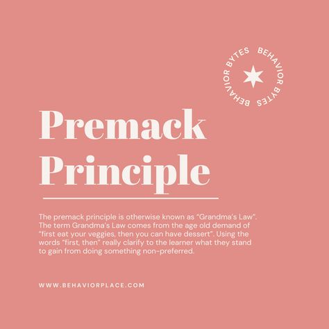 The Premack Principle is an incredibly useful tool to keep in your ABA toolbox! The premack principle is otherwise known as “Grandma’s Law”. The term Grandma’s Law comes from the age old demand of “first eat your veggies, then you can have dessert”. Premack Principle, Aba Training, Challenging Behaviors, Chaos Coordinator, Learning Through Play, Job Opening, The Age, Vocabulary, Something To Do