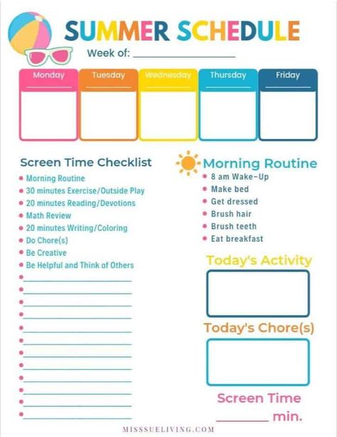 Making a Summer Schedule to Reduce Screen Time - Miss Sue Living Summer Schedule For Kids 9-12, Before Screen Time Checklist Summer, Summer List Before Screen Time, Elementary Summer Schedule, Teen Summer Schedule Daily Routines, Summer Schedule For Teens, Summer Screen Time Checklist, Summer Screen Time Rules, Before Screen Time