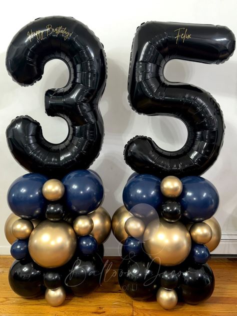 Number stack balloons for a 35th. Birthday!✨ Perfwct colors for him! Balloon decor for him! 35th Birthday Party Decorations, 35 Man Birthday Party, 35th Bday Ideas For Him, Men’s 35th Birthday, Man 35th Birthday Ideas, 35th Birthday Decor, Men 35th Birthday Party Ideas, 43 Birthday Ideas For Men, 35 Year Old Birthday Ideas