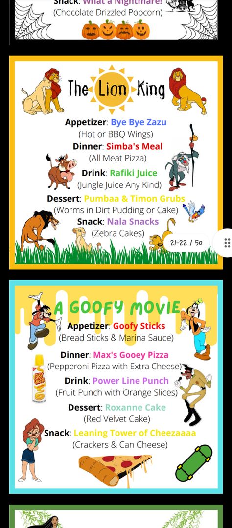 Treasure Planet Movie Night, Movie Night Ideas Disney, Disney Movie Night Menu Lion King, Goofy Movie Food, Lion King Movie Night Dinner, Disney Movie Night Theme Food, Dinner And Movie Theme Night Adults, Disney Meal Ideas, Disney Themed Potluck