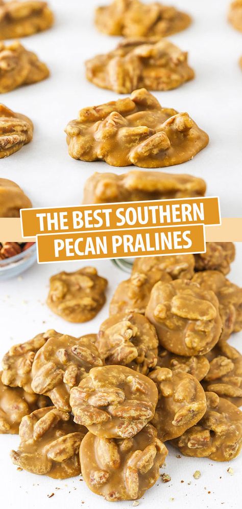 These are seriously the BEST Southern Praline Pecans! With the amazing flavor of brown sugar and butter, these are pure heaven! A little bit candy and a little bit cookie, they melt right in your mouth! #pecanpralines #thanksgiving #christmascookies Praline Pecans Recipe, Southern Pecan Pralines, Pralines Recipe, Southern Praline, Praline Pecans, Praline Candy, Praline Recipe, Pecan Pralines, Candy Recipes Homemade