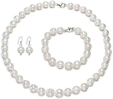 9.5-11mm Baroque White Freshwater Cultured Pearl Set with Sterling Silver Clasp Necklace 17.5" Bracelet 7.5" and Dangling Earrings- PremiumPearl Pearl Farm, Pearl Necklace Set, Cultured Pearl Necklace, Clasp Necklace, Women's Jewelry Sets, Pearl Set, Pearl Types, Pearl Earrings Dangle, Dangling Earrings