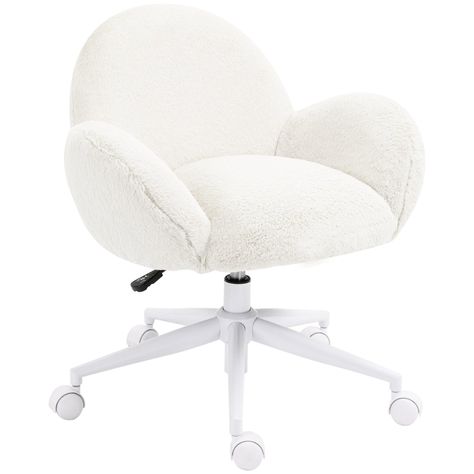 Up your working time in a serious cute style - invite this HOMCOM desk chair into your home office. In a relaxed tub shape, it's perfectly overfilled with padding for generous amounts of comfort. The fluffy upholstery is soft and works with the frame shape to relax. The height of the computer chair is adjustable and the back helps support your body properly over longer periods. Sit back and relax into your own fluffy dream world every day. Cute Chairs For Desk, Fluffy Desk Chair, Homcom Desk, White Fluffy Chair, Desk Chair White, Spinning Chair, Makeup Vanity Chair, Desk Idea, Attic Room