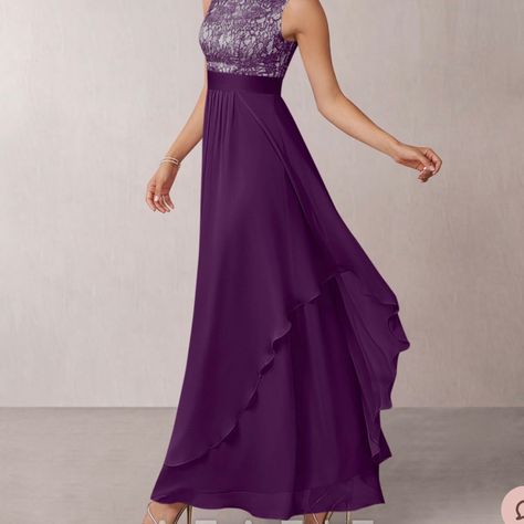 Never Worn Or Altered. Nwot. Floor-Length Chiffon And Lace Dress, Features A V In The Back. Purple Gown, Azazie Dresses, Mother Of The Bride Dresses, Bridesmaid Dress, Mother Of The Bride, Beach Wedding, Floor Length, The Bride, Lace Dress