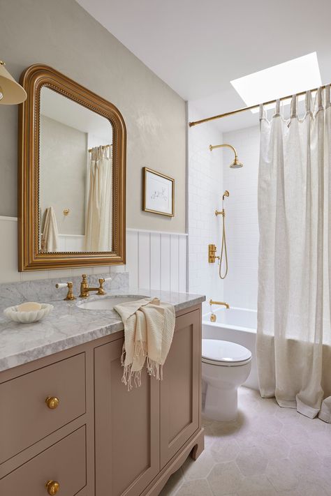 A Romantic, “Cottage-Inspired” Home Makeover in Mill Valley, CA | Rue Mauve Bathroom, Clay Walls, Picket Tile, Rustic Hardwood Floors, Painted Vanity Bathroom, Beadboard Bathroom, Beadboard Wainscoting, Cottage Interior Design, Wainscoting Bathroom