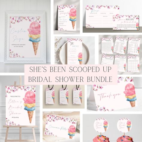 She’s Been Scooped Up Bridal Shower Template Bundle | Pastel Ice Cream Themed Bridal Shower Editable Party Bundle All Scooped Up Bridal Shower Decorations, She's Been Scooped Up Bridal Shower, She’s Been Scooped Up Bridal Theme, Ice Cream Theme Bridal Shower Ideas, Bridal Shower Ice Cream Theme, Ice Cream Bridal Shower Theme, Ice Cream Bridal Shower Ideas, Scooped Up Bridal Shower Theme, Pastel Ice Cream