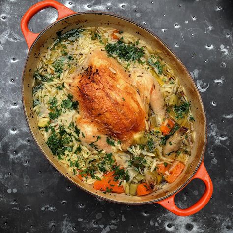 Chicken In A Pot with Lemon and Orzo Chicken In A Pot, Biggest Chicken, One Pot Dishes, Orzo Pasta, Nigella Lawson, Chicken Pot, 21 Day Fix, Orzo, Juicing Lemons