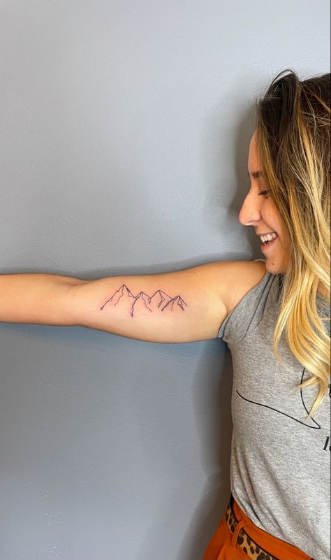 Mountain Tattoo On Bicep, Mountain Tattoo Linework, Mountain Tattoo Inner Bicep, Female Mountain Tattoo, Mountain Tattoo Ideas Female, Tattoos For Women Mountains, Bicep Mountain Tattoo, Mountain Tattoo Bicep, Mountain Peak Tattoo