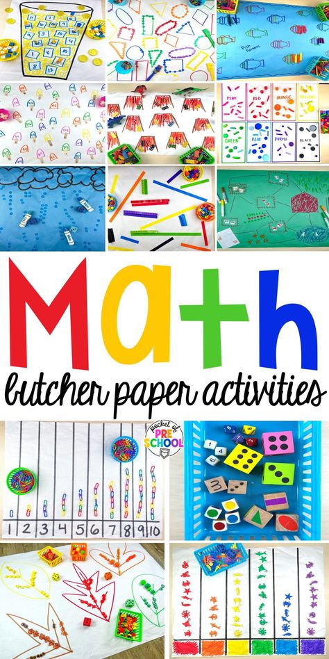 Math butcher paper activities for preschool, pre-k, and kindergarten students to move and explore while learning. Math Project Preschool, Play Based Math Kindergarten, Kindergarten Make And Take Activities, Preschool Kindergarten Activities, Spring Butcher Paper Activities Preschool, Math Curriculum Preschool, Math Art Preschool, Preschool Manipulatives Center, Butcher Paper Prek Activities