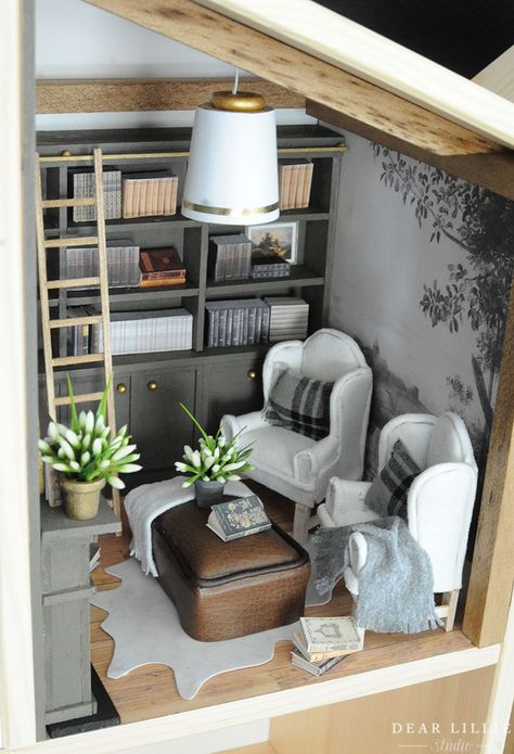 Dollhouse - Study/Living Room - Dear Lillie Studio Dollhouse Study, Diy Barbie House, Dollhouse Design, Dollhouse Living Room, Modern Dollhouse Furniture, Dear Lillie, Study Living Room, Doll Furniture Diy, Doll House Plans