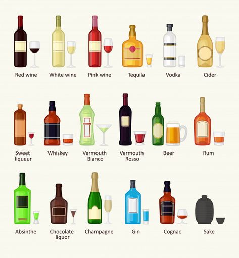 Set of different alcohol drink bottle and glasses vector illustration. Drinking Glasses Design, Alcohol Glasses, Happy Cafe, Whiskey Flask, Alcohol Bottles, Mai Tai, Drink Bottle, Liquor Bottles, Pina Colada