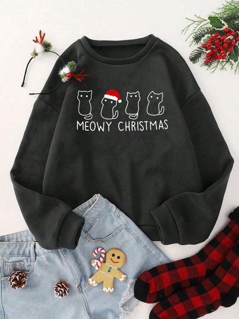 Black Casual Collar Long Sleeve Knitted Fabric Christmas,Slogan Pullovers Embellished Medium Stretch  Women Clothing Christmas Sweatshirt Ideas, Holiday Shirt Ideas, Christmas Slogans, Women Slogan, Women Sweatshirts, Dropped Shoulder Sweatshirt, Christmas Print, Thanksgiving Shirts, Trending Today