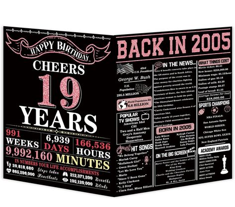 PRICES MAY VARY. PERFECT GIFTS - Grab this best two-sided 19th birthday gift for daughter, son, granddaughter, grandson, best friend, bestie, sister, brother, niece, nephew, students, and they will be very surprised. CARD CONTENT - This back in 2005 card contains popular TV shows, hit songs, big events, films and so on, which can be a memorable gift for them. CARD SIZE (Folded) - The card size is 10.6 x 7.9 inches / 27x 20cm (folded). GOOD QUALITY - This greeting card is printed on recycle 300gs Happy 19 Birthday Girl, 19th Birthday Gifts, Twelfth Birthday, Happy 19th Birthday, 17th Birthday Gifts, Birthday Gift For Daughter, 13th Birthday Gifts, Popular Tv Shows, Birthday Cards For Son