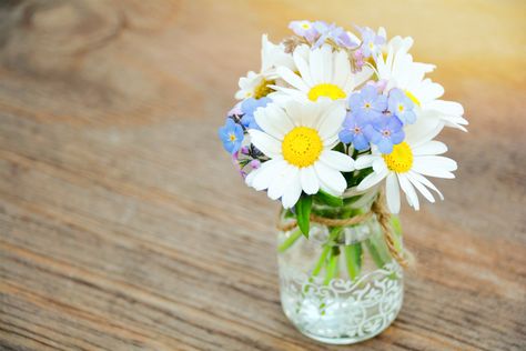 Daisies and Forget-me-nots bouquet Daisy And Forget Me Not Bouquet, Forget Me Not Bouquet, Daisy Centerpieces, Button Holes Wedding, Farewell Party, Flower Wallpapers, Wildflower Bouquet, Rv Remodel, Forget Me Nots