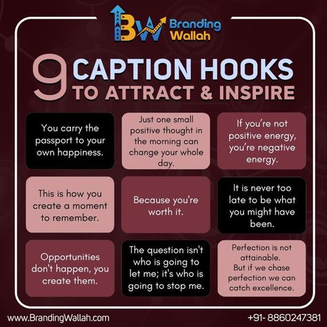 9 caption hooks to attract and inspire 
.
.
.
.
#Marketing #SocialMediaMarketing #Digitalmarketing #Instagram #Branding #Business #MarketingDigital #ContentMarketing #Advertising #socialmedia Digital Marketing Strategy Ideas, Business Strategy Management, Social Media Marketing Planner, Social Media Content Strategy, Clever Advertising, Clever Captions For Instagram, Social Media Marketing Instagram, Successful Business Tips, Social Media Advertising Design