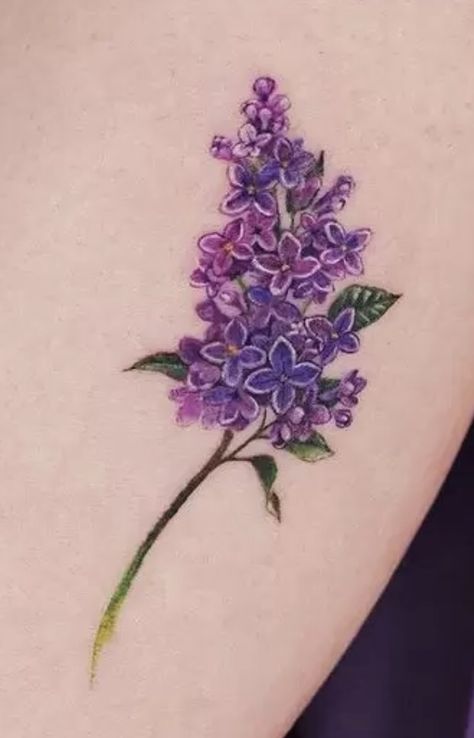 Lilac Hummingbird Tattoo, Lilac Tattoo Color, Purple Wildflower Tattoo, Lilac And Gooseberries Tattoo, Purple Hyacinth Tattoo, Lilac Tattoo Design, Lilac Tattoo Black And White, Lilac Tattoos, Chickadee Tattoo