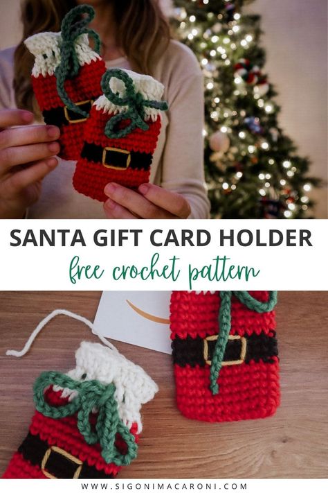 Crochet Gift Card Holder | Quick Crochet Christmas Gift via @sigonimacaronii Crochet Gift Card Holder, Card Holder Pattern, Xmas Market, Christmas Gift Card Holder, Christmas Crochet Patterns Free, Crochet Christmas Gifts, Christmas Gift Card Holders, Christmas Hats, Crochet Santa