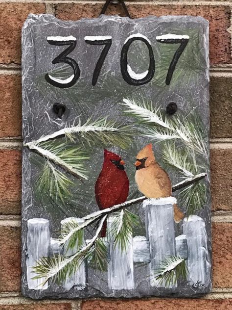 Painted Slate Winter Cardinals Painting Address Slate | Etsy India Cardinals Painting, Winter Cardinals, Spring Lake Nj, Painted Mailboxes, Cardinal Painting, Slate Art, Winter Cardinal, Painted Slate, Address Signs