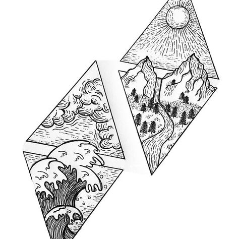 Os Illustration Tattoo, Nature Line Drawing, Geometric Shape Tattoo, Tato Geometris, Element Tattoo, Mountains And Trees, 달력 디자인, Kunst Tattoos, Desen Realist