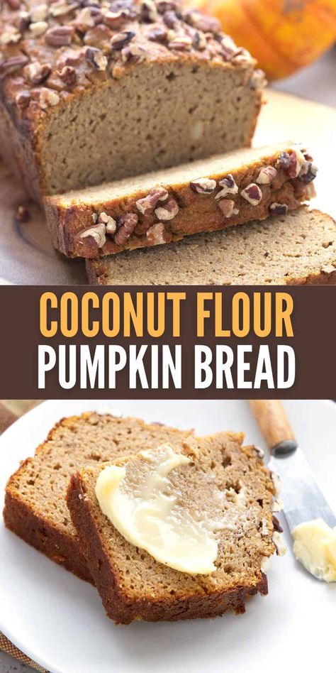 This keto pumpkin bread is a healthy twist on a fall classic. It's tender and full of warm pumpkin spice. And it's made with coconut flour so it can be totally nut-free! Coconut Flour Pumpkin Bread, Keto Pumpkin Bread, Healthy Pumpkin Bread, Gluten Free Pumpkin Bread, Coconut Flour Bread, Pumpkin Bread Easy, Coconut Flour Recipes, Simply Quinoa, Keto Pumpkin