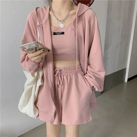 Cafamo Set: Zip-Up Hoodie + Crop Tank Top + Wide-Leg Sweatshorts | YesStyle Hoodie Crop Top Outfit, Korean Crop Top Outfits, Tank Top Outfits Korean, Crop Top Outfits Korean Style, Cropped Tank Top Outfit, Cropped Hoodie Outfit, Pakaian Crop Top, Cropped Outfits, Outfit Korean Style