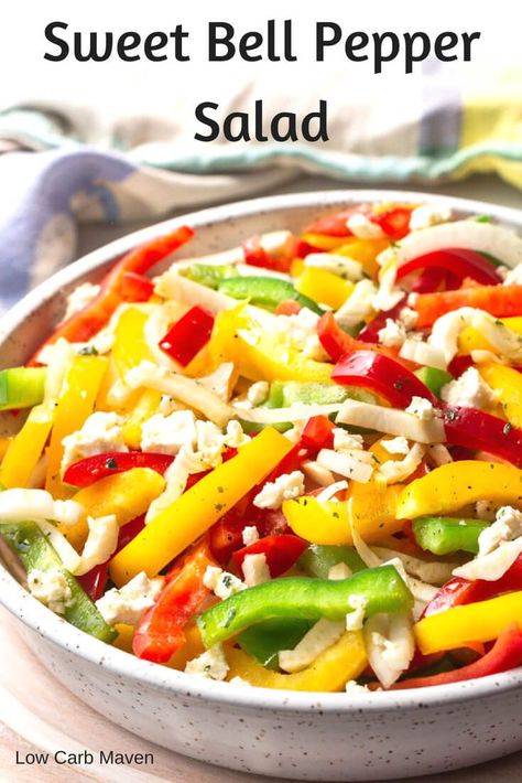 Refreshing Sweet Bell Pepper Salad #bellpepper #recipes #healthy #salad #lowcarb #keto #summer #feta Pepper Salad Recipes, Crunchy Asian Salad, Bell Pepper Salad, Greek Chickpea Salad, Dinner Planner, Pepper Salad, Low Carb Maven, Resep Salad, Csa Recipes