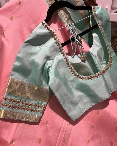 Kanchi saree in pastel shade peach and sea green with gold and silver weave gap border paired with hand magam work blouse. Blouse size 38 Price - $310 Available to ship immediately within USA. Please DM to order #kanchi #kanchisilksaree #silksarees #silksareesonline #saree Silver Blouse Work, Pastel Blue Blouse Designs, Pista Green Silk Blouse Piece With Zari Weaving, Silk Blouse Piece In Pista Green With Zari Weaving, Sea Green Saree Blouse Combination, Sea Green Saree With Contrast Blouse, Magam Work Blouses, Modern Blouse Designs, Green Blouse Designs