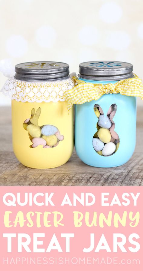 Easy Easter Craft: Easter Bunny Mason Jars Diy Osterschmuck, Easter Mason Jars, Easter Bunny Treats, Bunny Treats, Easter Craft Decorations, Diy Ostern, Easy Easter Crafts, Mason Jar Crafts Diy, Easter Projects