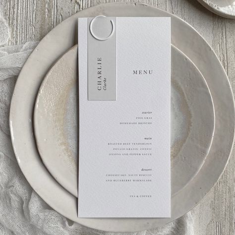 Elevate your wedding dining experience with our Individual Wedding Menu Cards - a tasteful blend of style and practicality that adds a touch of sophistication to each place setting. Let every guest savour the magic of your day through a culinary journey presented with elegance and individual flair. Menu Dimensions: DL size (w99 x 210mm/ 3.89 x 8.26 inches) Name Card Dimensions: (w35 x 85mm/ 1.37 x 3.3 inches) The menu card is professionally printed on luxury hammered 300gsm card whilst the name Menus Design, Wedding Menu Ideas, Personalized Menu Cards, Personalized Wedding Menu, Wedding Table Menus, Menu Card Design, Wedding Dining, Stationery Ideas, Details Photography