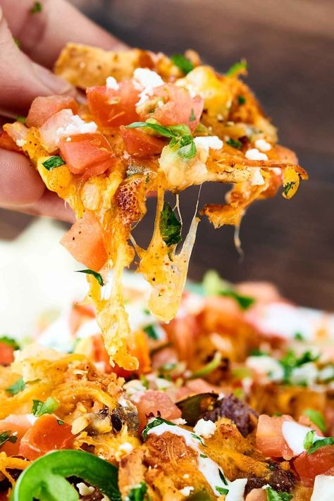 Loaded Chicken Nachos Recipe - Crockpot Chicken, Vegetables,  More! Crockpot Chicken Nachos Recipe, Loaded Chicken Nachos Recipe, Loaded Chicken Nachos, Shrimp Nachos, Steak Nachos, Chicken Beans, Beef Nachos, Steak Shrimp, Chicken Nachos Recipe