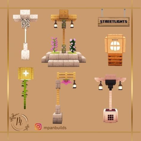 Street Lamp Design Minecraft, Minecraft Outside Lights, Minecraft Path Lighting Ideas, Street Light Minecraft Ideas, Minecraft Decorations Exterior, Minecraft Hallway Floor Designs, Streetlights Minecraft, Minecraft Cherry Lamp Post, Cherry Blossom Lamp Post Minecraft