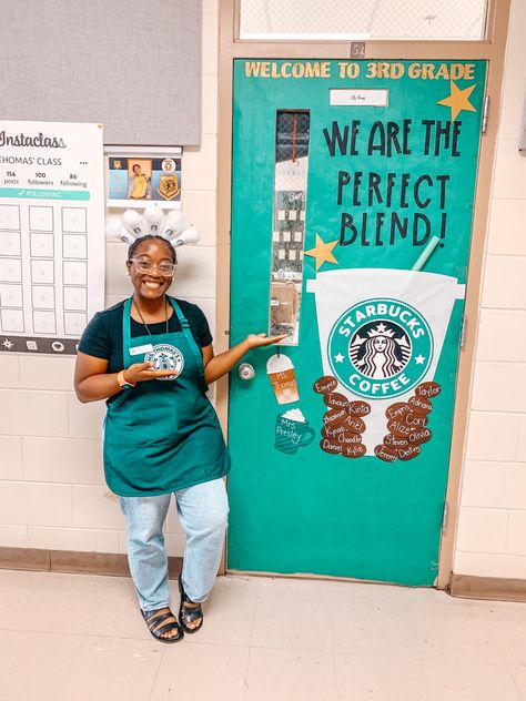 Coffee Door Decorations For School, Starbucks Classroom Door, Coffee Shop Classroom Theme High School, Coffee Shop Theme Classroom, Starbucks Door Decoration, Starbucks Mode Classroom, Teacher Coffee Station, Starbucks Classroom Theme, Coffee Classroom Theme