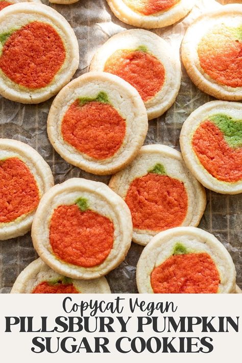 Soft, chewy, and quite literally identical in taste and texture, these copycat Pillsbury pumpkin sugar cookies are made with the simplest slice n' bake cookie dough, and no eggs nor dairy is needed! Sugar Free Vegan Desserts, Gluten Free Vegan Recipes Desserts, Vegan Dessert Bars, Pillsbury Sugar Cookies, Easy Vegan Cookies, Vegan Christmas Cookies, Vegan Sugar Cookies, Pumpkin Sugar Cookies, Vegan Gluten Free Desserts