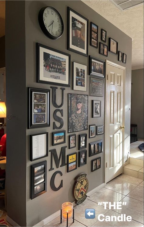 Marine Corps Decor House, Shadow Box Marine Corps, Police Office Decor Ideas, Army Wall Decor Ideas, Army Office Decor, Marine Corps Room Ideas, Usmc Decor Home, Marine Corps Shadow Box Display, Patriotic Office Decor