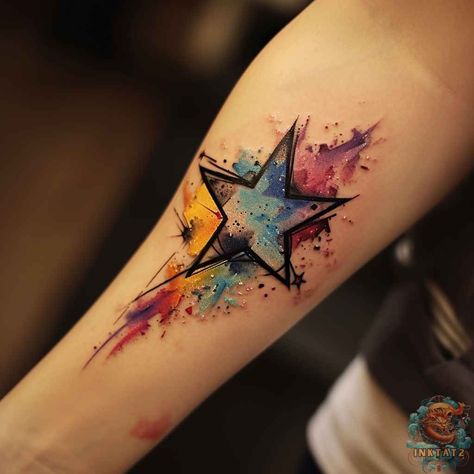 Star tattoo ideas symbolize guidance and dreams through celestial body art. These cosmic designs range from simple five-pointed stars to intricate constellations. Popular star tattoo concepts include shooting stars, star clusters, and zodiac symbols. Star ink styles vary from minimalist outlines to detailed, colorful pieces. Tattoos with stars can represent hope, ambition, and personal aspirations, often incorporating elements like moons or galaxies. Colorful Star Tattoos, Abstract Star Tattoo, Star Heart Tattoo, Tattoos With Stars, Shooting Star Tattoos, Star Sleeve Tattoo, Star Tattoo Ideas, Orion Tattoo, Watercolor Tattoo Sleeve