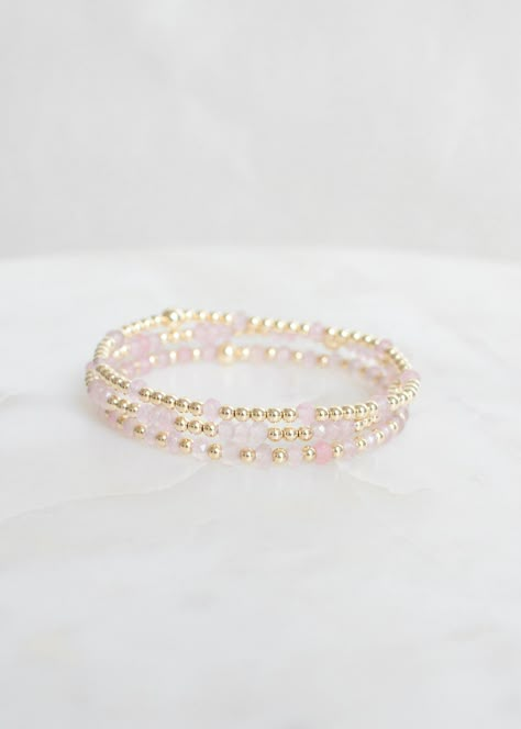 "❖Lyla | Brooke | Claire❖ * Your new favorite bracelets! Delicate and minimalistic, perfect for stacking! ‣ This listing is for a single bracelet or stack of three. ‣ Buy more, save more - applied at checkout      * 3 10% off      * 5, 15% off      * 7, 20% off ‣ These bracelets features: * 4mm Gemstones * 3mm 14k Gold Filled Beads  * 1-5mm 14k Gold Filled Bead *Beads in varying order according to bracelet selection labeled in photos* Julisa Bracelets Feature:  ‣ Tight/Sturdy elastic, pre-stretched to prevent bracelet from stretching out ‣ Sizing according to wrist size ‣Sizing Tips:  Please measure your wrist for the best fit!  *Using a soft tape measure/string, measure around your wrist, above the wrist bone *Add length according to your desired fit:       * 0\" - fitted, snug      * .25 Good Bracelet Stack, Bead Bracelet Stack Ideas, Cute Bracelet Stacks, Gold Jewelry Stack, Cute Gold Bracelets, Little Words Project Bracelets, Bracelets Delicate, Etsy Bracelets, Pink Beaded Bracelets