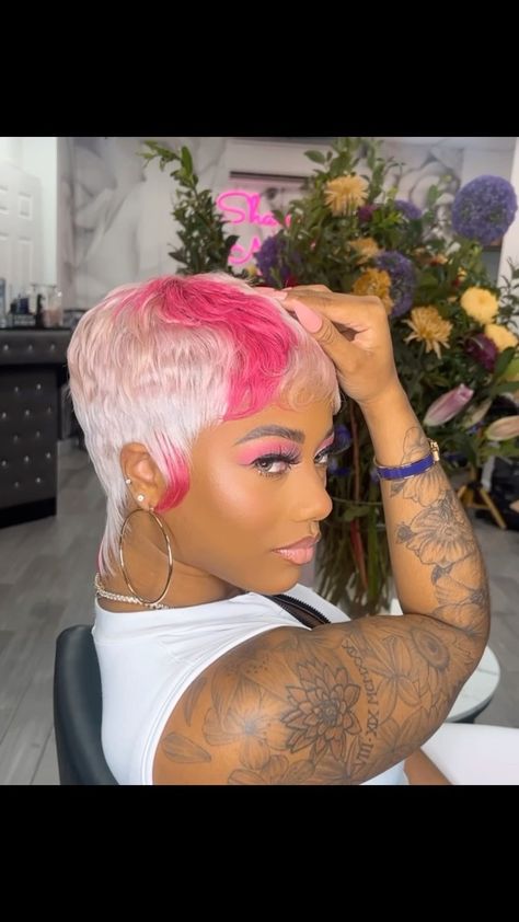 All Posts • Instagram Colorful Short Hair Black Women, Skunk Stripe Pixie Cut, Colored Pixie Cut Black Women, Pixie Color Ideas, Colored Pixie Cut, Degree Haircut, Short Hair Black Women, Coloured Pixie Cut, Pink Short Hair