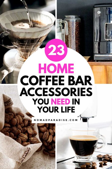 Home coffee bar accessories: 23 coffee gadgets, essentials, and other cool products for the perfect home coffee bar setup. #homecoffeebar #nomadparadise How To Set Up A Coffee Bar, Nespresso Coffee Bar Ideas, Coffee Bar Setup, Coffee Bar Essentials, Coffee Gadgets, Home Coffee Station, Office Coffee Station, Bar Gadgets, Cocoa Station