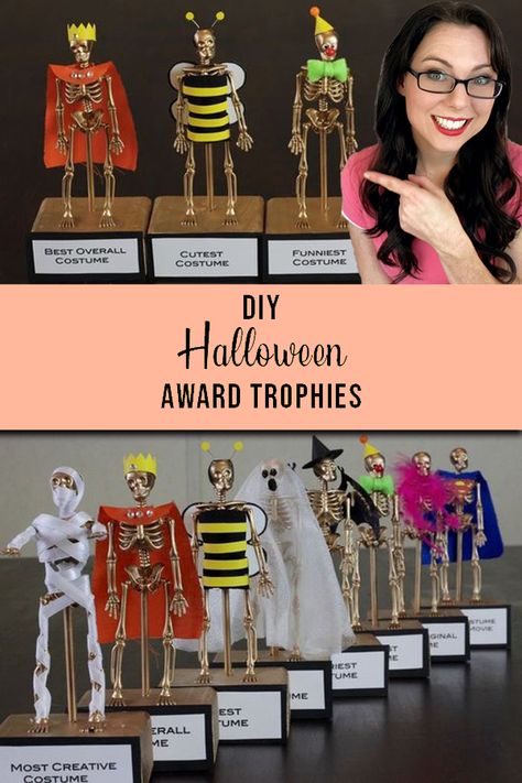 Halloween Party Trophies Diy, Diy Halloween Costume Trophies, Halloween Block Party Invitations, Costume Party Trophies, Halloween Party Trophies, Halloween Party Awards, Costume Party Prize Ideas, Halloween Awards Diy, Halloween Themes 2023