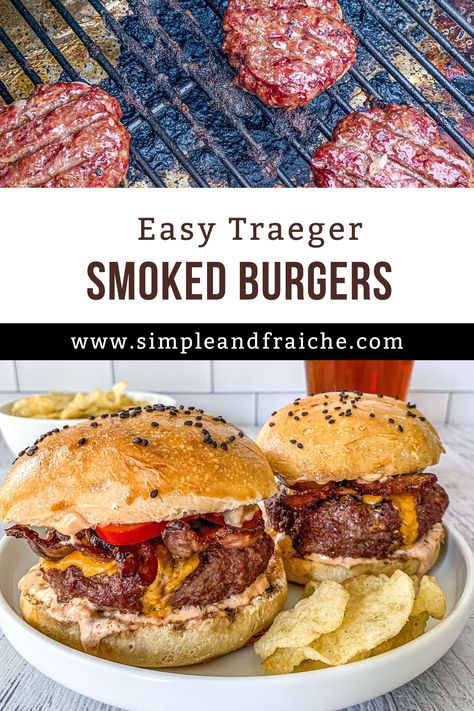 Smoked Cajun Burgers, Burgers On The Traeger Grill, Smoked Burgers Recipes, Smoked Burgers Pellet Smoker, Traeger Hamburgers, Smoked Cheeseburgers, Smoked Hamburgers, Easy Smoker Recipes, Smoked Dishes