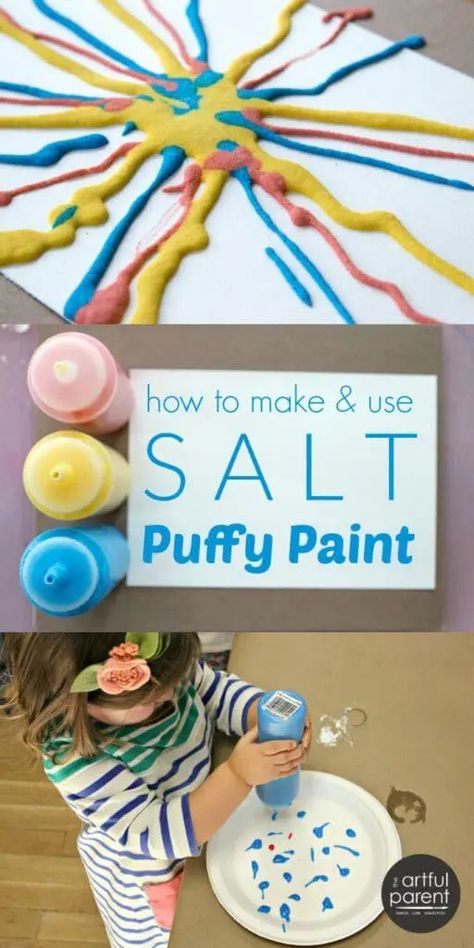 Salt Puffy Paint - A Tried-and-True Process Art Activity for Kids Salt Painting, Preschool Art Projects, Diy Preschool, Art Project For Kids, Sensory Art, Project For Kids, Puffy Paint, Art Activities For Kids, Toddler Art