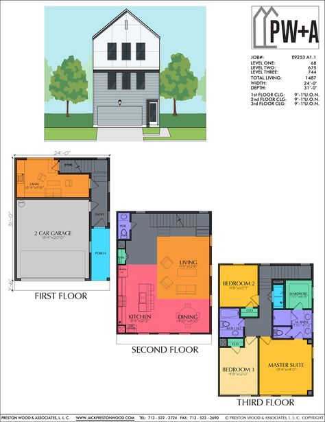 Three Story Townhouse, Three Story House, Duplex House Design, Small House Plan, 2 Story Houses, Electrical Plan, Duplex House, Two Car Garage, Two Story Homes