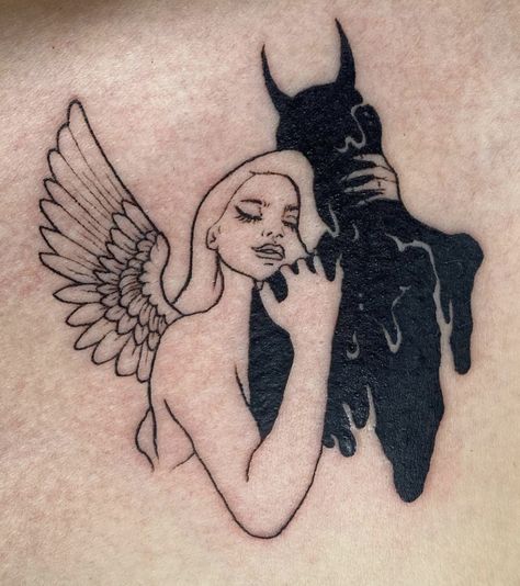 This is a picture of a tattoo in which, an angel is hugging a devil. In each others warm embrace both understand that they both are one. And neither their past demons or future angels can save them. Together they are one, they can mend and heal themselves. Find themselves after having fallen down. Tattoos For Lost Souls, One Deep Tattoo, Lost Mother Tattoo, Divorced Parents Tattoo, Prozac Tattoo, Lost Soul Tattoo Designs, My Dear Melancholy Tattoo, No Grave Can Hold My Body Down Tattoo, Good Bad Tattoo