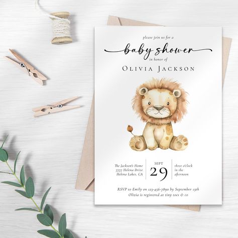 🦁 Invite friends and family to honor the mama-to-be with this modern cute lion Baby Shower invitation. Invitacion Baby Shower Originales, Lion Baby Shower Theme, Lion Baby Shower, Baby Shower Themes Neutral, Baby Lamb Baby Shower, Lion Safari, Lion Baby, Safari Baby Shower Invitations, Gender Neutral Baby Shower Invitations