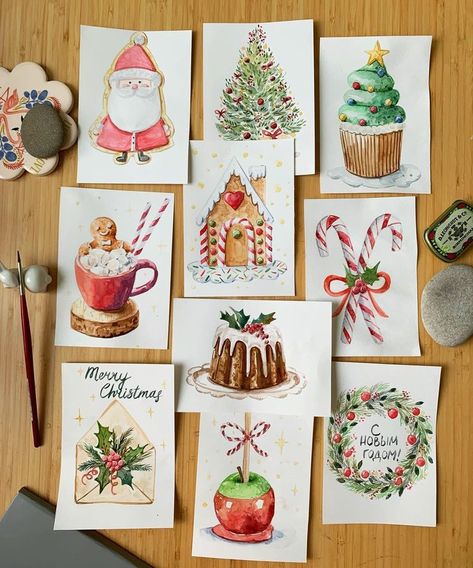 Get into the festive spirit with these 10 creative watercolor Christmas card ideas! From classic Christmas trees and snowy landscapes to playful designs featuring animals and holiday lights, these easy-to-follow tutorials will help you create beautiful, handmade cards that capture the magic of the season. Cute Watercolour Christmas Card, Christmas Cards Ideas Handmade, Cute Christmas Painting Ideas, Cristmas Fanart, Cute Christmas Cards Drawing, Christmas Cards Painting, Christmas Cards Aquarel, Aquarell Christmas Cards, Christmas Aquarelle Card