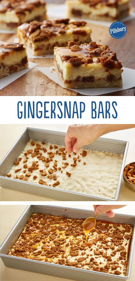 Gingersnap Bars: These easy cream cheese-filled bars with crushed gingersnap cookies make the ultimate bar. Dessert With Ginger Snaps, Squares And Bars Recipes Easy, Gingersnap Bars, Gingersnap Dessert, Christmas Bars, Cheese Bars, Gingersnap Cookies, Cream Cheese Bars, Crumb Bars