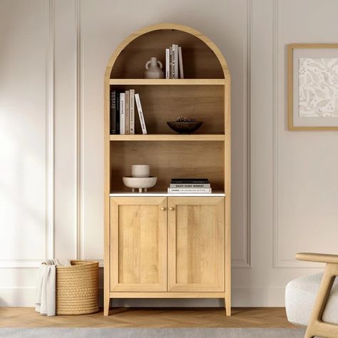 April Game Book Cabinet Storage Bookcase | Wayfair Arched Bookcase, Farmhouse Bookshelf, Natural Dining Room, Arched Cabinet, Wooden Display Cabinets, Food Storage Cabinet, Farmhouse Storage Cabinets, 4 Shelf Bookcase, Storage Bookcase