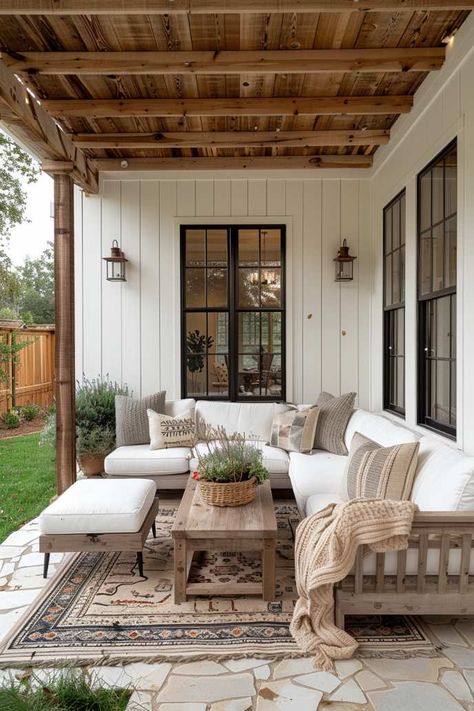 55 Farmhouse Patio Ideas for Charming and Rustic Style Farmhouse Backyard Patio Designs, Modern Farmhouse Back Porch Ideas, Exterior Patio Design, Outdoor Patio Ideas Covered, Back Porch Layout Ideas, Modern Farmhouse Screened In Porch, Concrete Covered Patio Ideas, Back Deck Ideas Porch Decorating, Farmhouse Patio Decorating Ideas