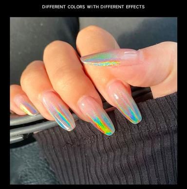 Mermaid Mirror, Reflection Of Light, Chrome Nail Powder, Chrome Nails Designs, Chrome Nail, Extension Designs, Glow Nails, Nail Powder, Neon Glow